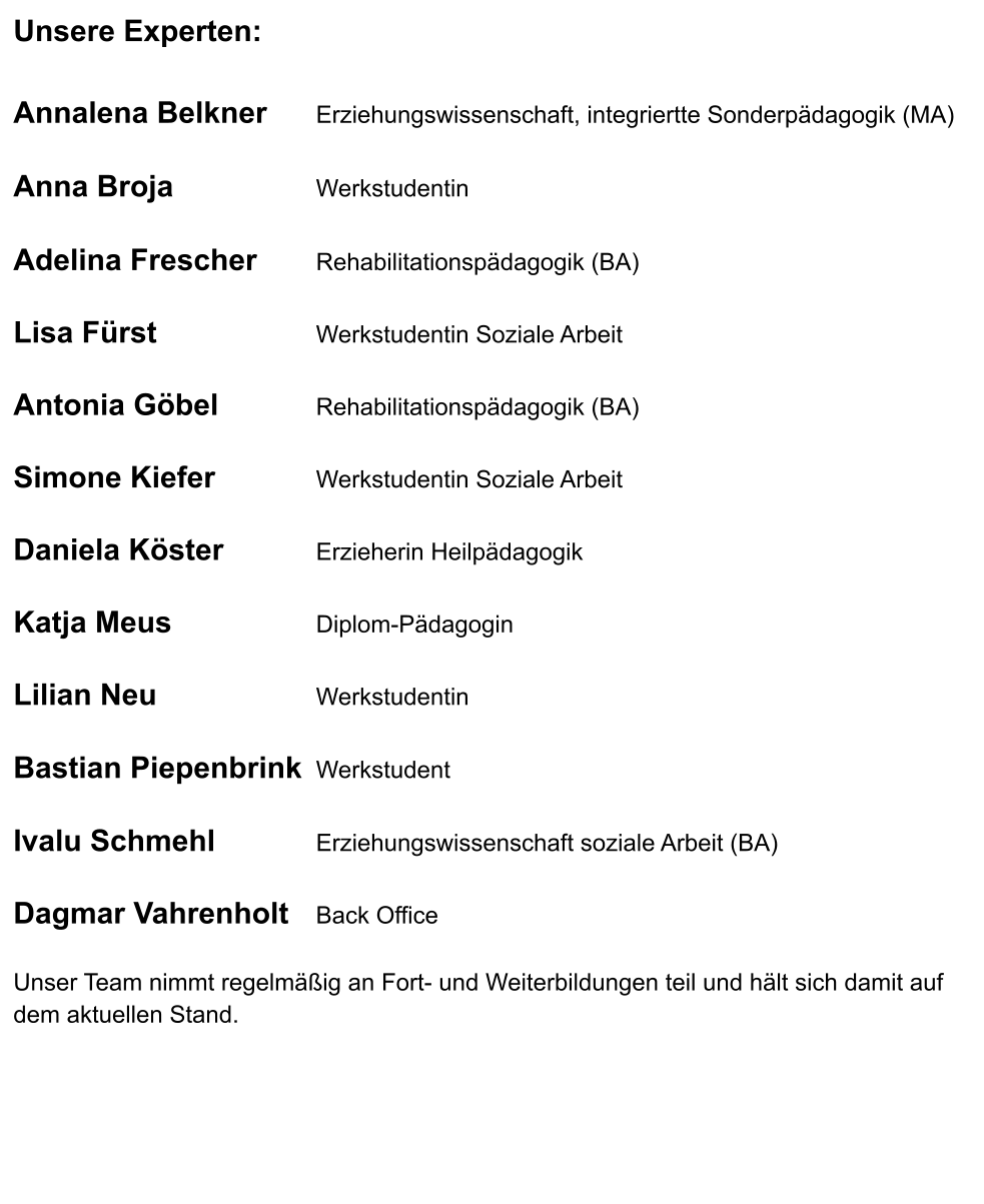 Unsere Experten:  Annalena Belkner		Erziehungswissenschaft, integriertte Sonderpädagogik (MA)  Anna Broja				Werkstudentin  Adelina Frescher		Rehabilitationspädagogik (BA)  Lisa Fürst					Werkstudentin Soziale Arbeit  Antonia Göbel			Rehabilitationspädagogik (BA)  Simone Kiefer			Werkstudentin Soziale Arbeit  Daniela Köster			Erzieherin Heilpädagogik  Katja Meus				Diplom-Pädagogin  Lilian Neu					Werkstudentin  Bastian Piepenbrink	Werkstudent  Ivalu Schmehl			Erziehungswissenschaft soziale Arbeit (BA)  Dagmar Vahrenholt	Back Office  Unser Team nimmt regelmäßig an Fort- und Weiterbildungen teil und hält sich damit auf dem aktuellen Stand.